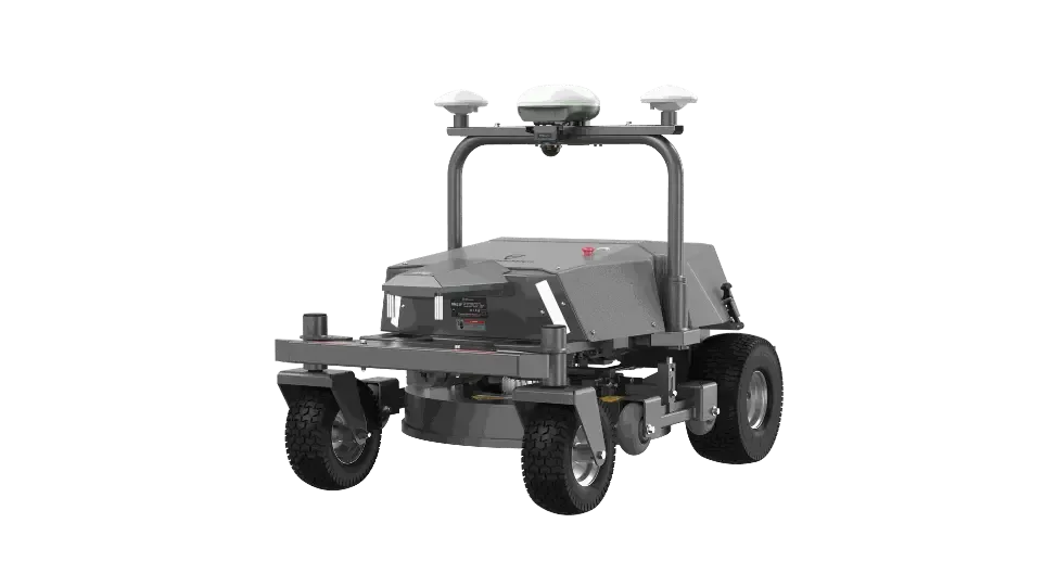 FJD RM21P Rough Ranger robotic mower, front view with RTK masts