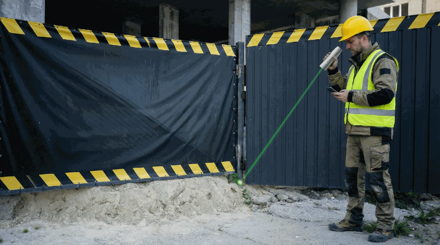 Worker measuring behind a site barrier with the green laser
