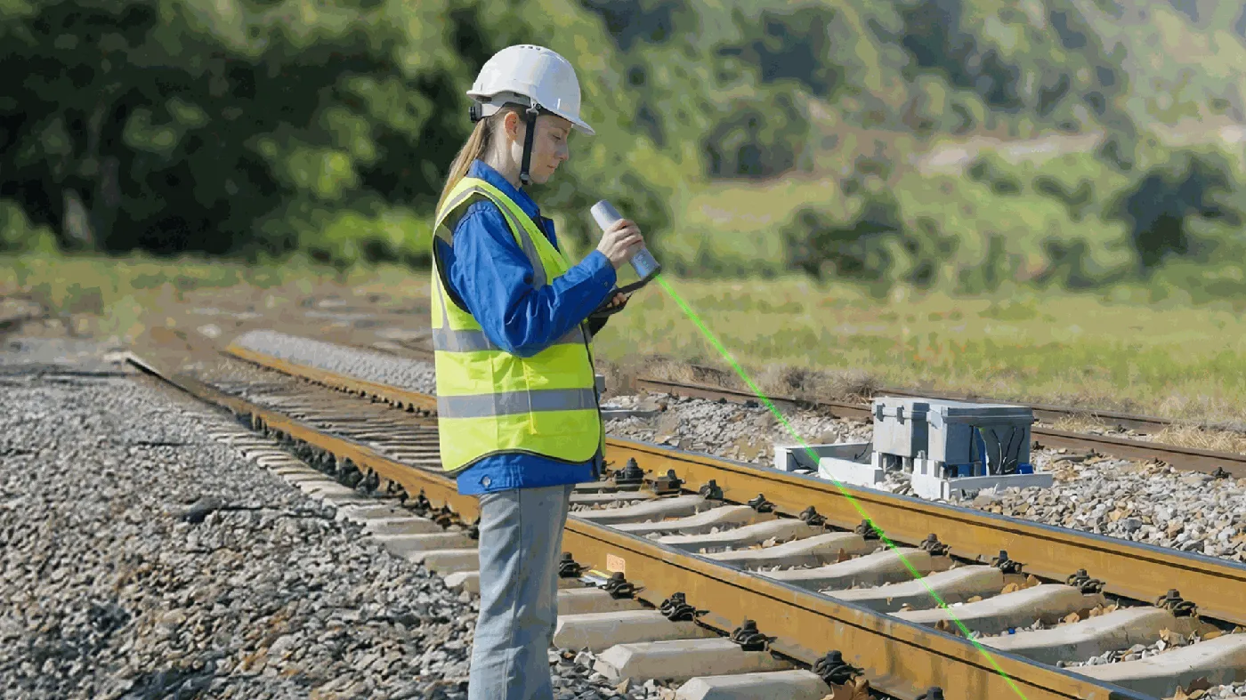 Surveyor measuring a railway track from a safe distance