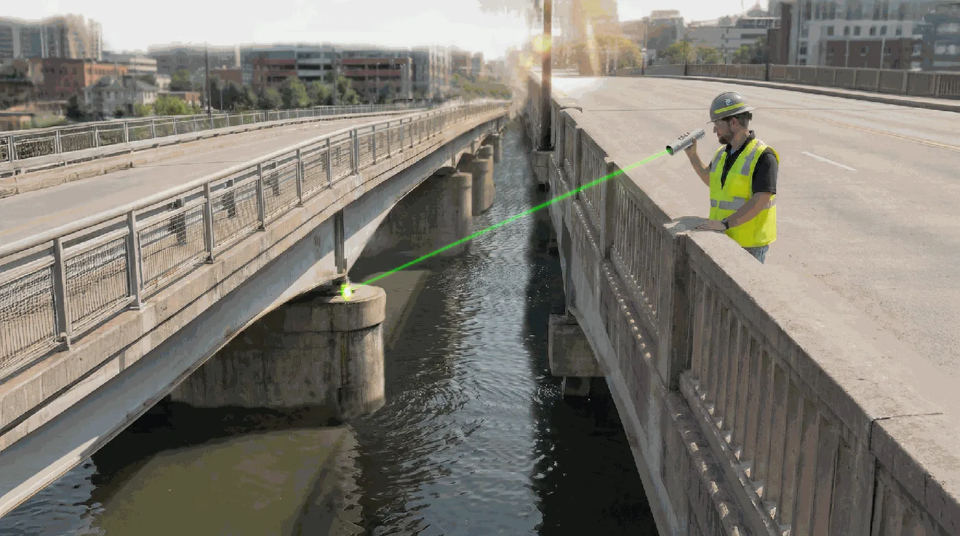 Green laser visible in bright sunlight on a bridge