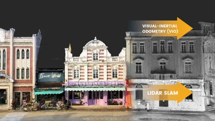 Comparison of VIO and LiDAR SLAM point clouds of a street