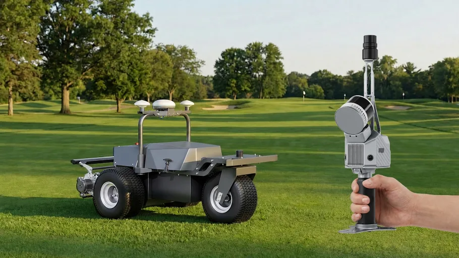 FJD RM21P robotic mower and S2 scanner on a golf course