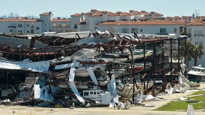 Storm-damaged marina buildings
