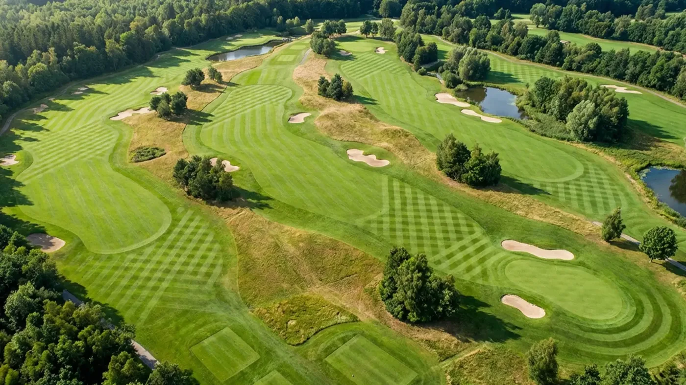 Aerial view of patterned mowing on a course