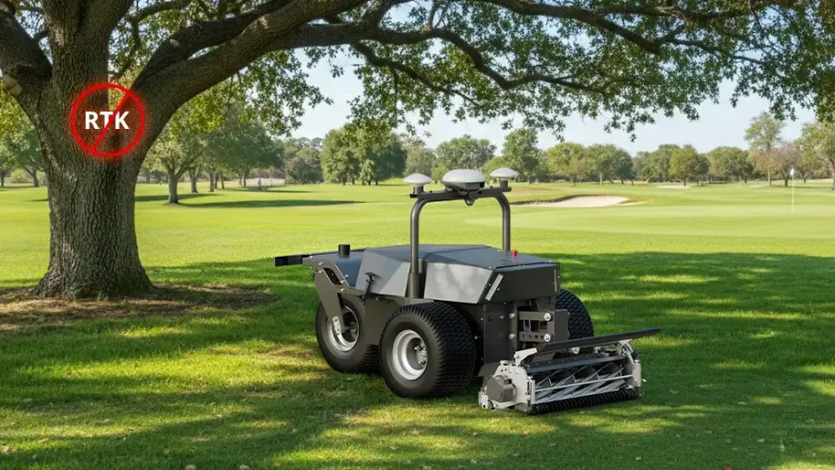 RCM01 mowing under a tree without RTK signal