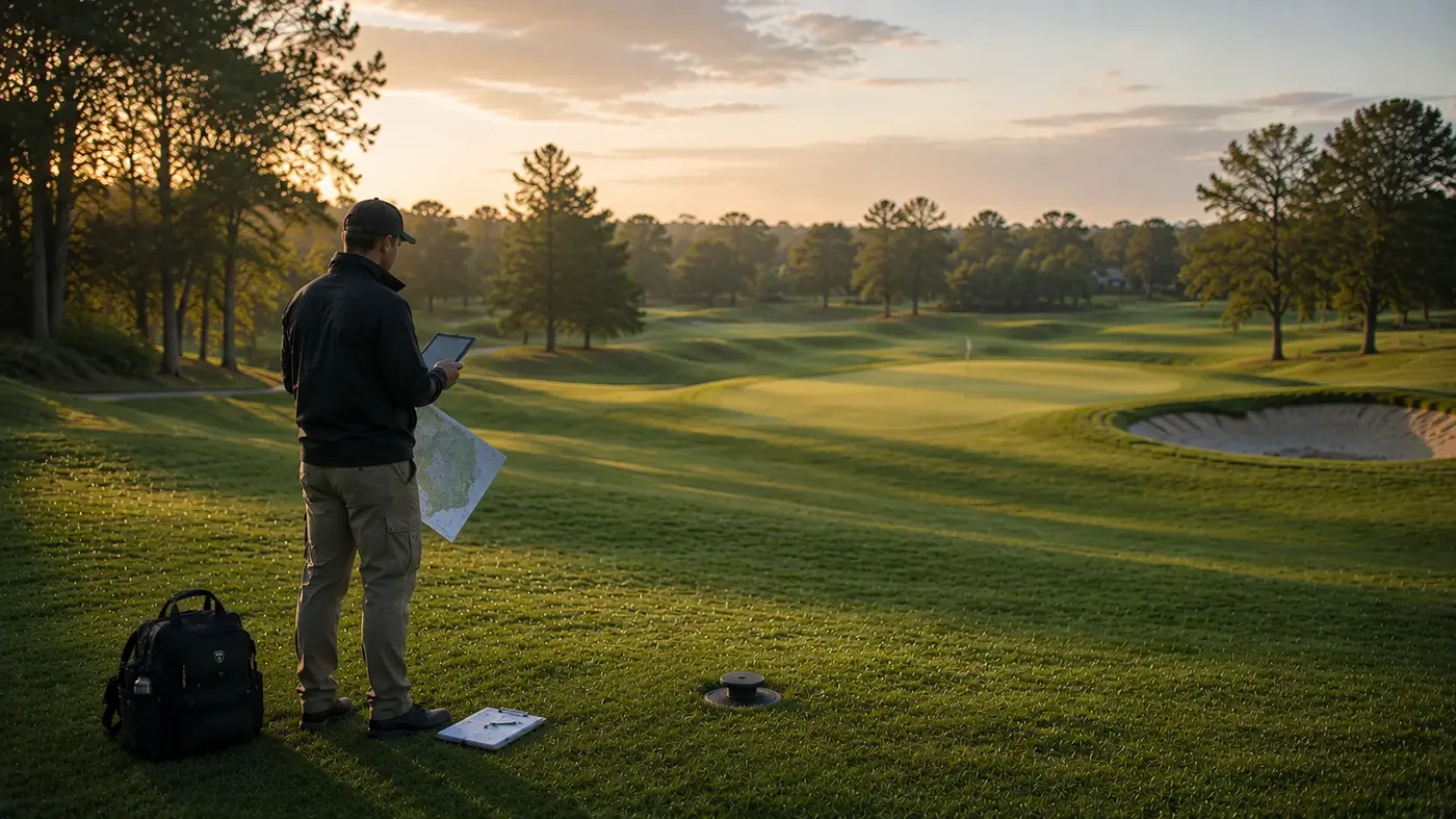 Greenkeeper planning on a golf course at dawn