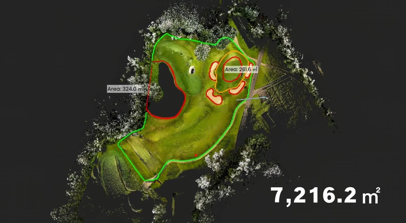Area measurement of a golf hole with square metres shown