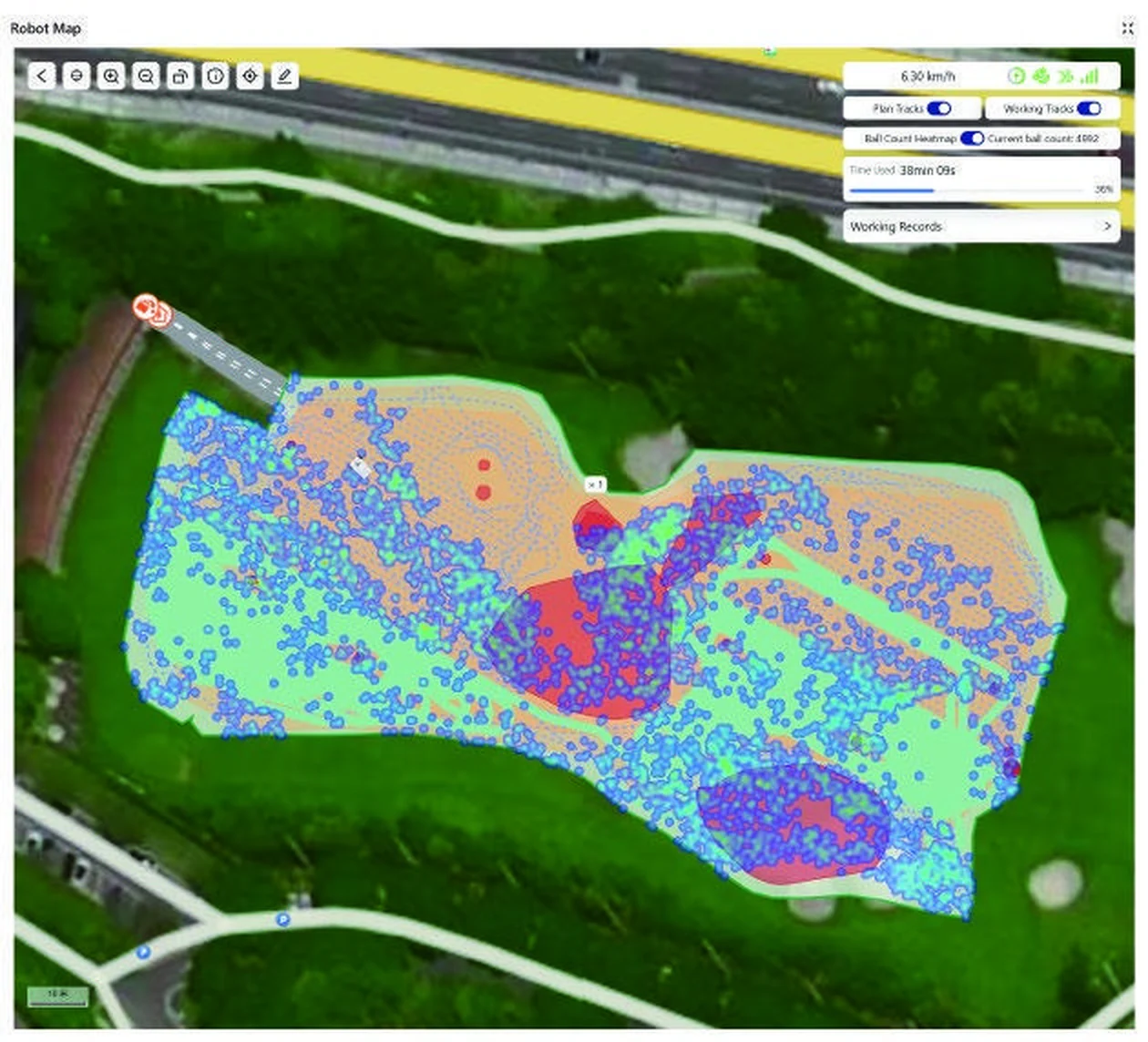The WayPick 2 control app showing a ball density heat map with live ball count over a range