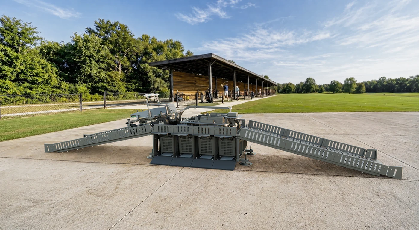 The FJD BP02 unloading ramp standing on a paved surface beside a driving range