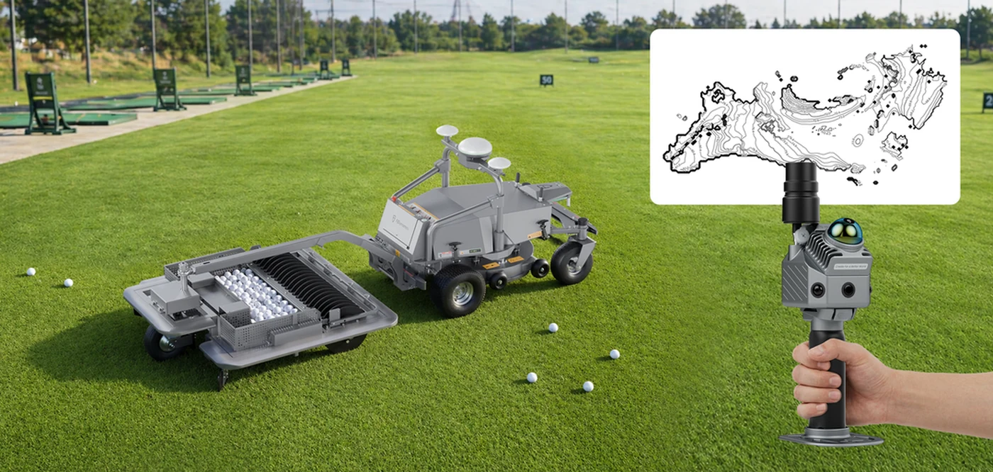 FJD RM21 with BP02 beside a P2 LiDAR scanner and the resulting point cloud of a driving range