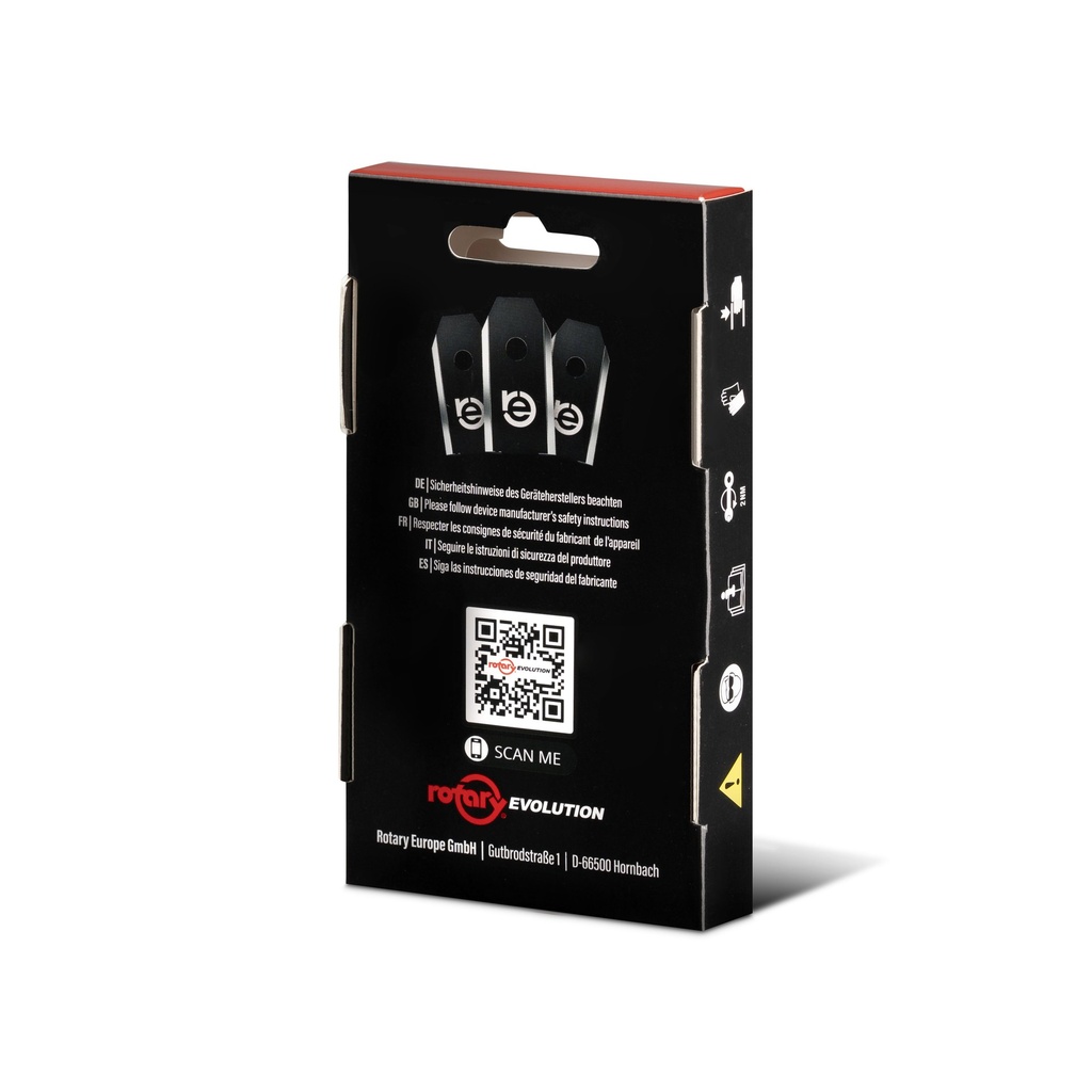 Rotary Evolution knivblad Yardforce 9-pack – förpackningens baksida med monteringsanvisning